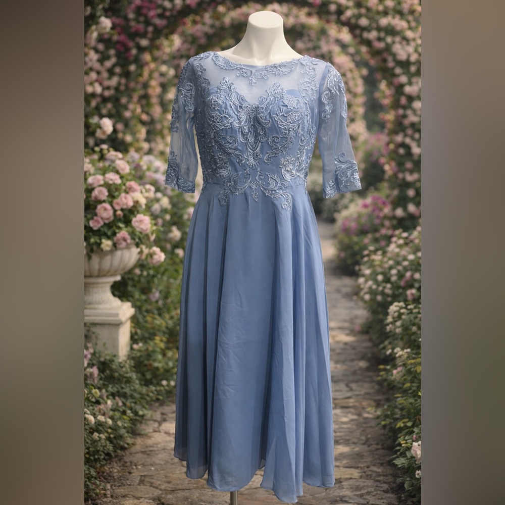 Dusty Blue Chiffon Lace Dress Mother of Bride or Groom Formal Large NWOT